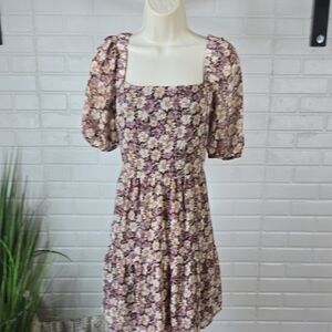 Sadie and Sage Purple and Cream Floral Puff Sleeve Dress Large